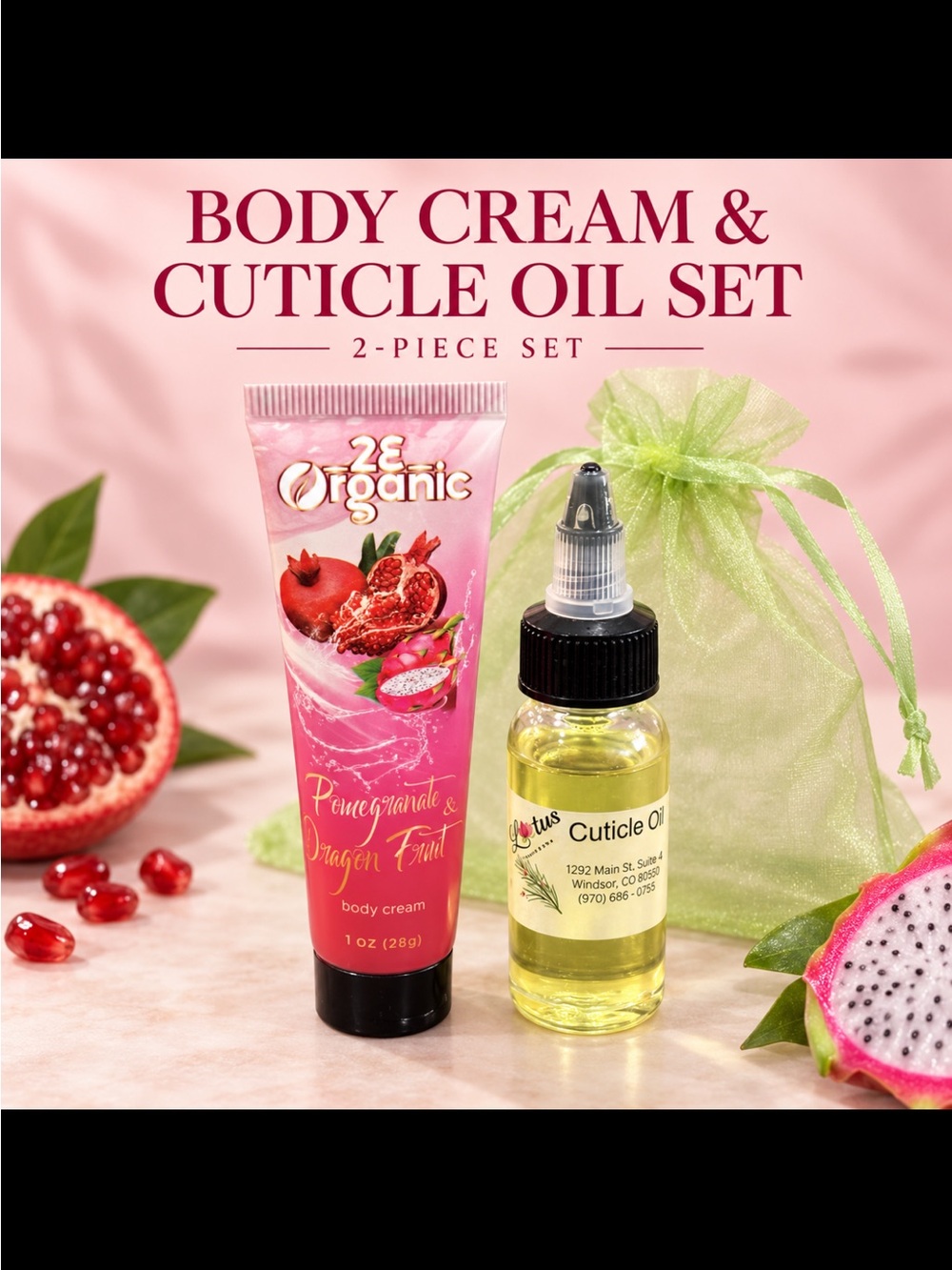 Pomegranate & Dragon Fruit Body Cream with Cuticle Oil - Pink & Yellow Duo - Picture 1 of 13
